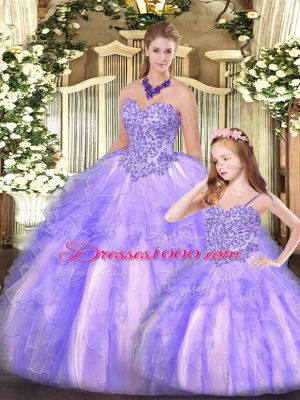 High Class Organza Sweetheart Sleeveless Lace Up Beading and Ruffles Vestidos de Quinceanera in Lavender