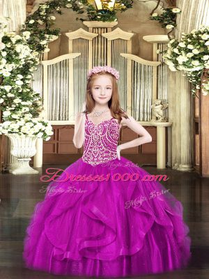 Floor Length Fuchsia Pageant Dress Toddler Tulle Sleeveless Beading and Ruffles