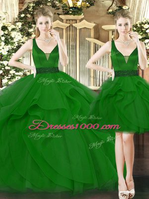 Green Straps Lace Up Beading and Ruffles Quinceanera Gowns Sleeveless