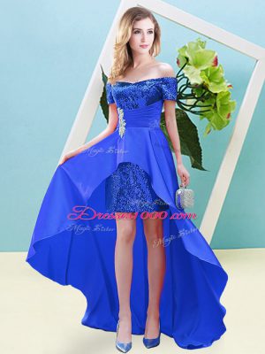 Ankle Length Blue Homecoming Dress Off The Shoulder Short Sleeves Lace Up