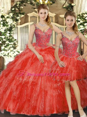 Beautiful Straps Sleeveless Lace Up Sweet 16 Dresses Red Organza