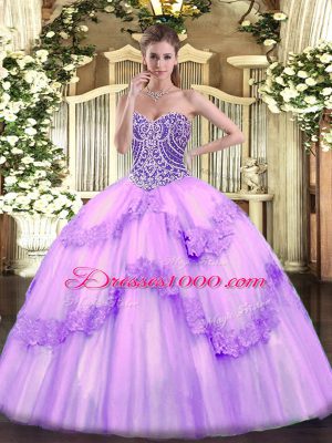 Lovely Ball Gowns Sweet 16 Dress Lavender Sweetheart Tulle Sleeveless Floor Length Lace Up