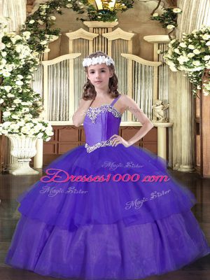 Purple Ball Gowns Organza Straps Sleeveless Beading and Ruffled Layers Floor Length Lace Up Girls Pageant Dresses