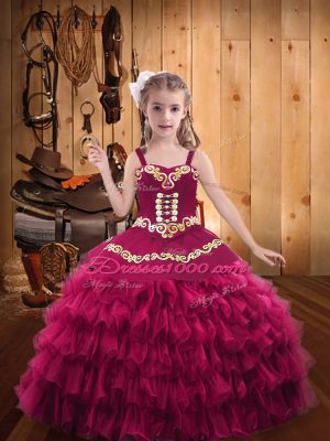 Excellent Floor Length Fuchsia High School Pageant Dress Organza Sleeveless Embroidery and Ruffled Layers