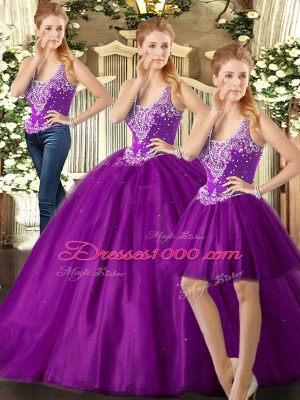 New Arrival Purple Sleeveless Tulle Lace Up 15 Quinceanera Dress for Military Ball and Sweet 16 and Quinceanera