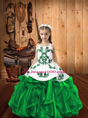 Sleeveless Floor Length Embroidery and Ruffles Lace Up Kids Pageant Dress with Green
