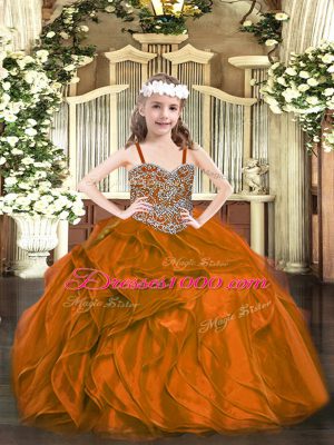 Trendy Rust Red Organza Lace Up Girls Pageant Dresses Sleeveless Floor Length Beading and Ruffles