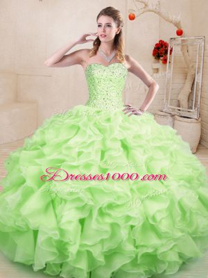 Popular Sweetheart Sleeveless Lace Up Quinceanera Gowns Yellow Green Organza