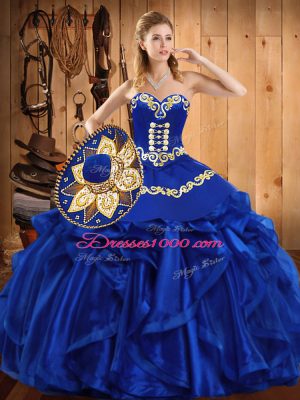 Royal Blue Ball Gowns Embroidery and Ruffles 15 Quinceanera Dress Lace Up Organza Sleeveless Floor Length