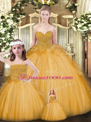 Designer Floor Length Lace Up Quinceanera Gowns Gold for Military Ball and Sweet 16 and Quinceanera with Beading and Ruffles