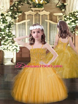 Designer Floor Length Lace Up Quinceanera Gowns Gold for Military Ball and Sweet 16 and Quinceanera with Beading and Ruffles