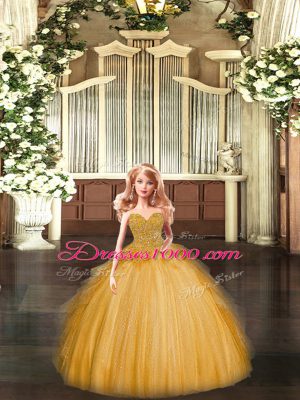 Designer Floor Length Lace Up Quinceanera Gowns Gold for Military Ball and Sweet 16 and Quinceanera with Beading and Ruffles