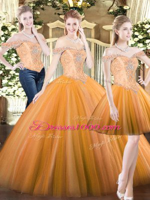 Elegant Tulle Off The Shoulder Sleeveless Lace Up Beading Ball Gown Prom Dress in Orange Red