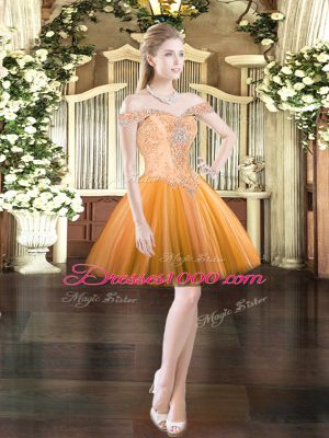 Elegant Tulle Off The Shoulder Sleeveless Lace Up Beading Ball Gown Prom Dress in Orange Red