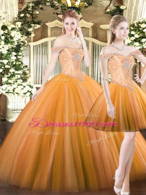 Elegant Tulle Off The Shoulder Sleeveless Lace Up Beading Ball Gown Prom Dress in Orange Red