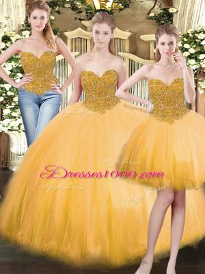 Trendy Gold Ball Gowns Sweetheart Sleeveless Tulle Floor Length Lace Up Beading Sweet 16 Quinceanera Dress