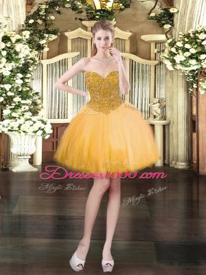 Trendy Gold Ball Gowns Sweetheart Sleeveless Tulle Floor Length Lace Up Beading Sweet 16 Quinceanera Dress