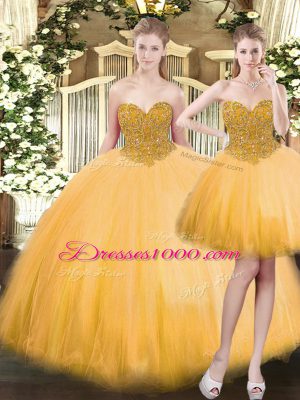 Trendy Gold Ball Gowns Sweetheart Sleeveless Tulle Floor Length Lace Up Beading Sweet 16 Quinceanera Dress