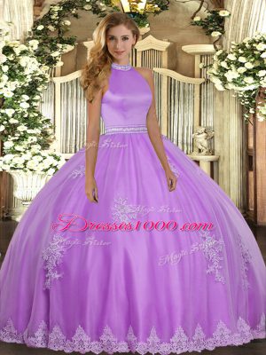 Lilac Tulle Backless Quince Ball Gowns Sleeveless Floor Length Beading and Appliques