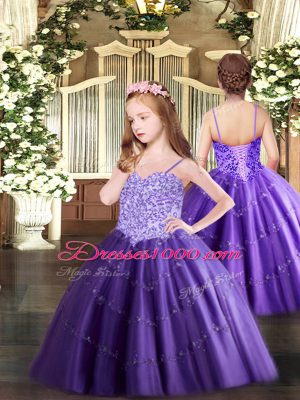 Spaghetti Straps Sleeveless Lace Up Custom Made Pageant Dress Purple Tulle