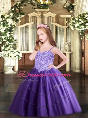 Spaghetti Straps Sleeveless Lace Up Custom Made Pageant Dress Purple Tulle