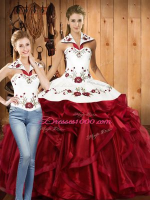 Halter Top Sleeveless Organza Sweet 16 Dresses Embroidery and Ruffles Lace Up