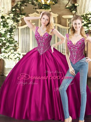 Cute Two Pieces Sweet 16 Quinceanera Dress Fuchsia V-neck Tulle Sleeveless Floor Length Lace Up