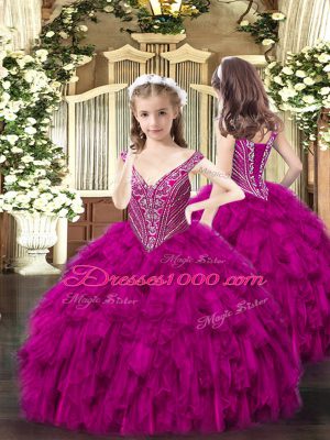 Fuchsia High School Pageant Dress Party and Quinceanera with Beading and Ruffles V-neck Sleeveless Lace Up