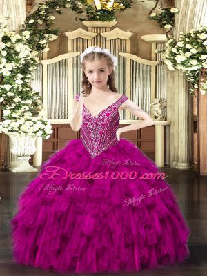 Fuchsia High School Pageant Dress Party and Quinceanera with Beading and Ruffles V-neck Sleeveless Lace Up