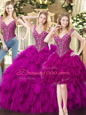 V-neck Sleeveless Sweet 16 Dresses Floor Length Beading and Ruffles Fuchsia Organza