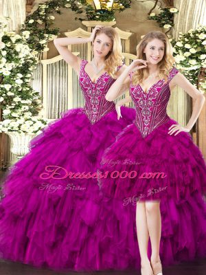 V-neck Sleeveless Sweet 16 Dresses Floor Length Beading and Ruffles Fuchsia Organza