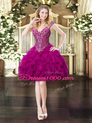 V-neck Sleeveless Sweet 16 Dresses Floor Length Beading and Ruffles Fuchsia Organza