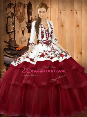 Excellent Sleeveless Embroidery Lace Up 15th Birthday Dress with Wine Red Sweep Train