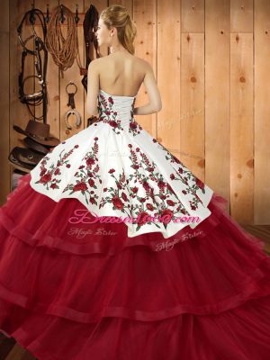 Excellent Sleeveless Embroidery Lace Up 15th Birthday Dress with Wine Red Sweep Train