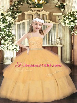 Straps Sleeveless Pageant Dress Toddler Floor Length Beading and Lace and Ruffled Layers Orange Organza