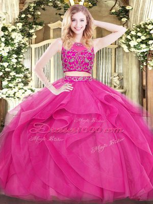 New Style Scoop Sleeveless Tulle 15th Birthday Dress Beading and Ruffles Zipper