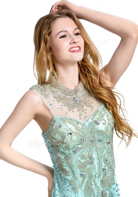 Admirable With Train Turquoise High-neck Sleeveless Brush Train Zipper