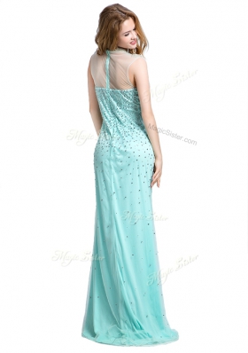 Admirable With Train Turquoise High-neck Sleeveless Brush Train Zipper