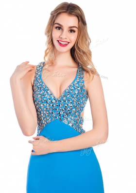 Baby Blue Silk Like Satin Clasp Handle Homecoming Dress Sleeveless With Train Beading