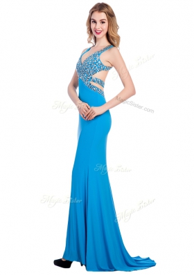 Baby Blue Silk Like Satin Clasp Handle Homecoming Dress Sleeveless With Train Beading