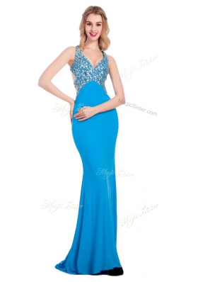 Baby Blue Silk Like Satin Clasp Handle Homecoming Dress Sleeveless With Train Beading