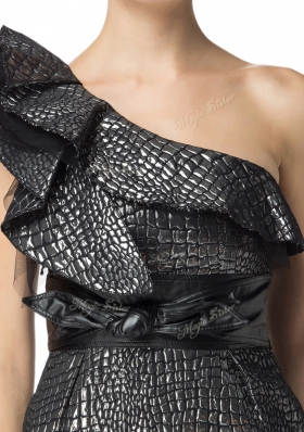 Black Column/Sheath Printed One Shoulder Sleeveless Ruching and Pattern Mini Length Zipper Prom Evening Gown