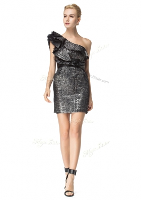 Black Column/Sheath Printed One Shoulder Sleeveless Ruching and Pattern Mini Length Zipper Prom Evening Gown