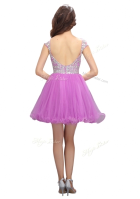 Custom Designed Cap Sleeves Mini Length Beading Zipper with Lilac