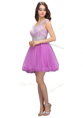 Custom Designed Cap Sleeves Mini Length Beading Zipper with Lilac