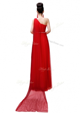 Custom Made One Shoulder Sleeveless Side Zipper Coral Red Chiffon
