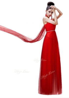 Custom Made One Shoulder Sleeveless Side Zipper Coral Red Chiffon