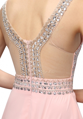 Cute Baby Pink V-neck Neckline Beading Evening Dress Sleeveless Zipper