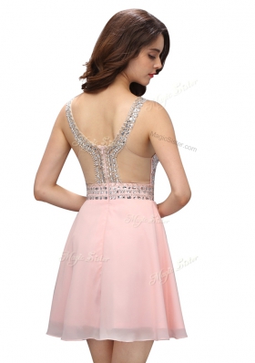 Cute Baby Pink V-neck Neckline Beading Evening Dress Sleeveless Zipper