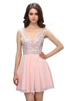 Cute Baby Pink V-neck Neckline Beading Evening Dress Sleeveless Zipper